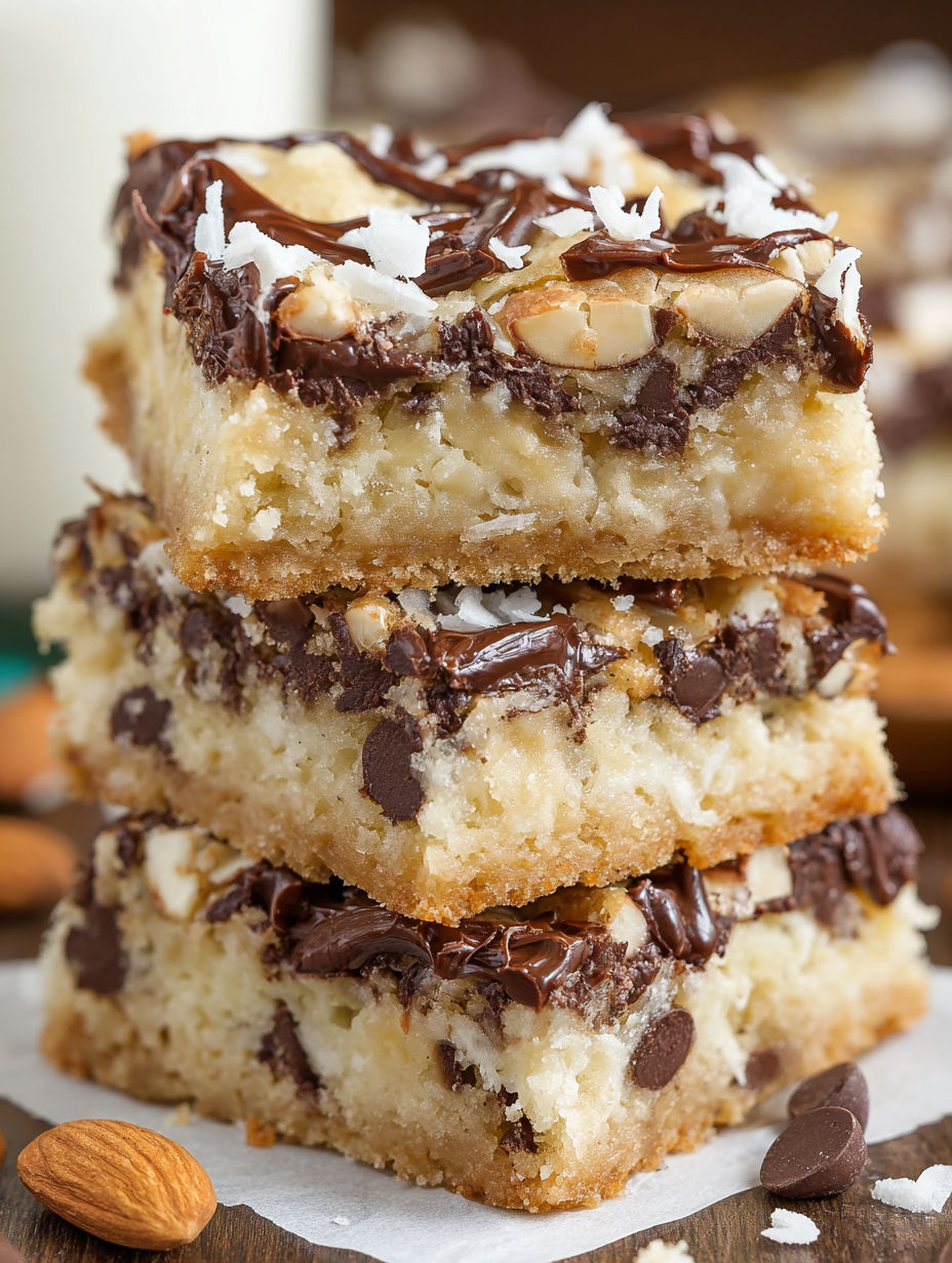 Almond Joy Cookie Bars stacked on top of each other.