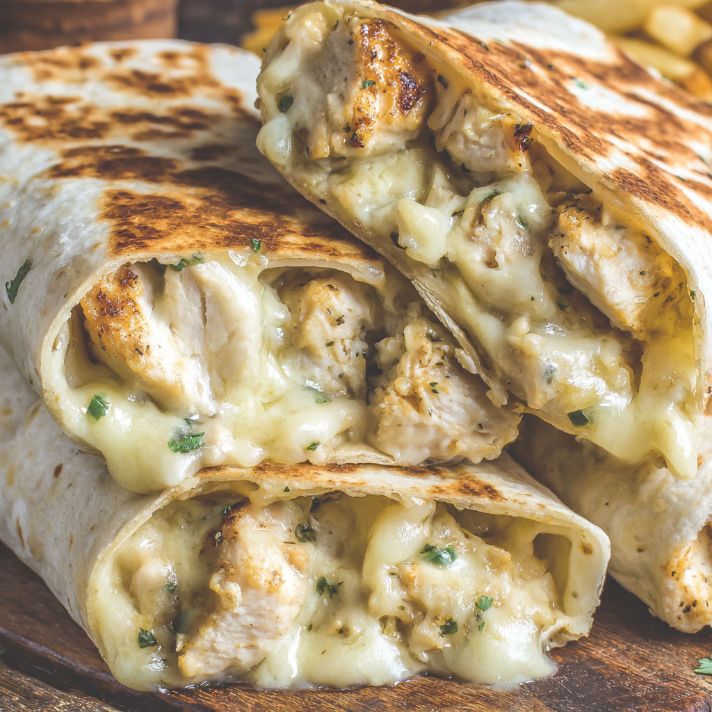 A cheesy chicken wrap with a bite taken out of it.