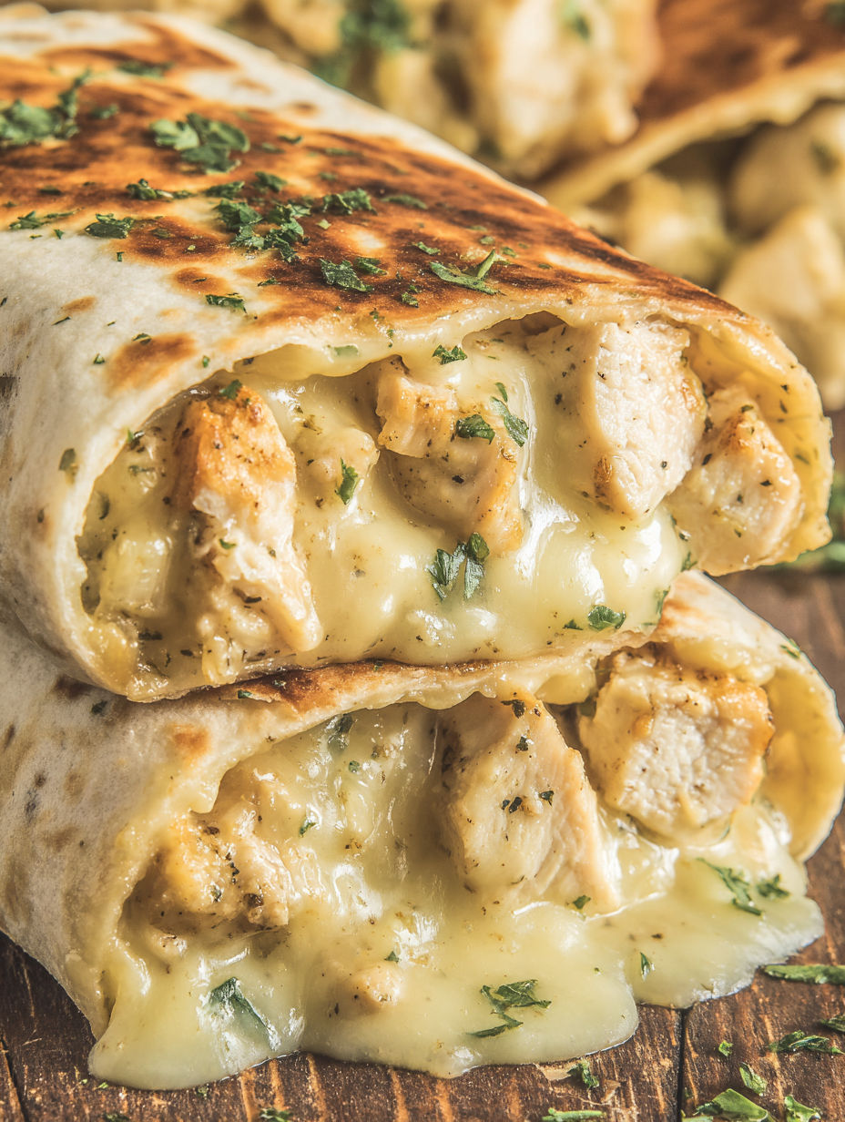 A chicken burrito with cheese and herbs.