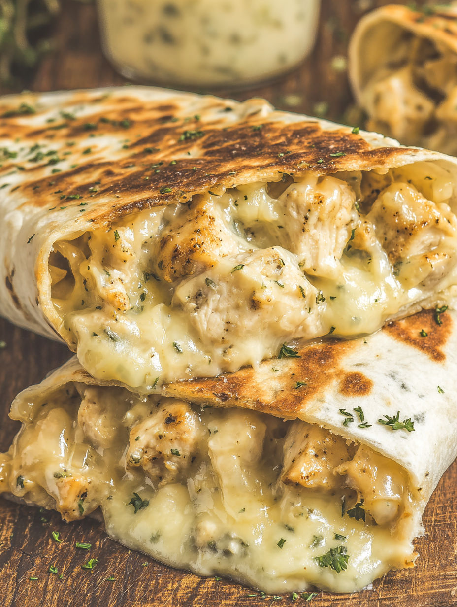 A chicken burrito with cheese and herbs.