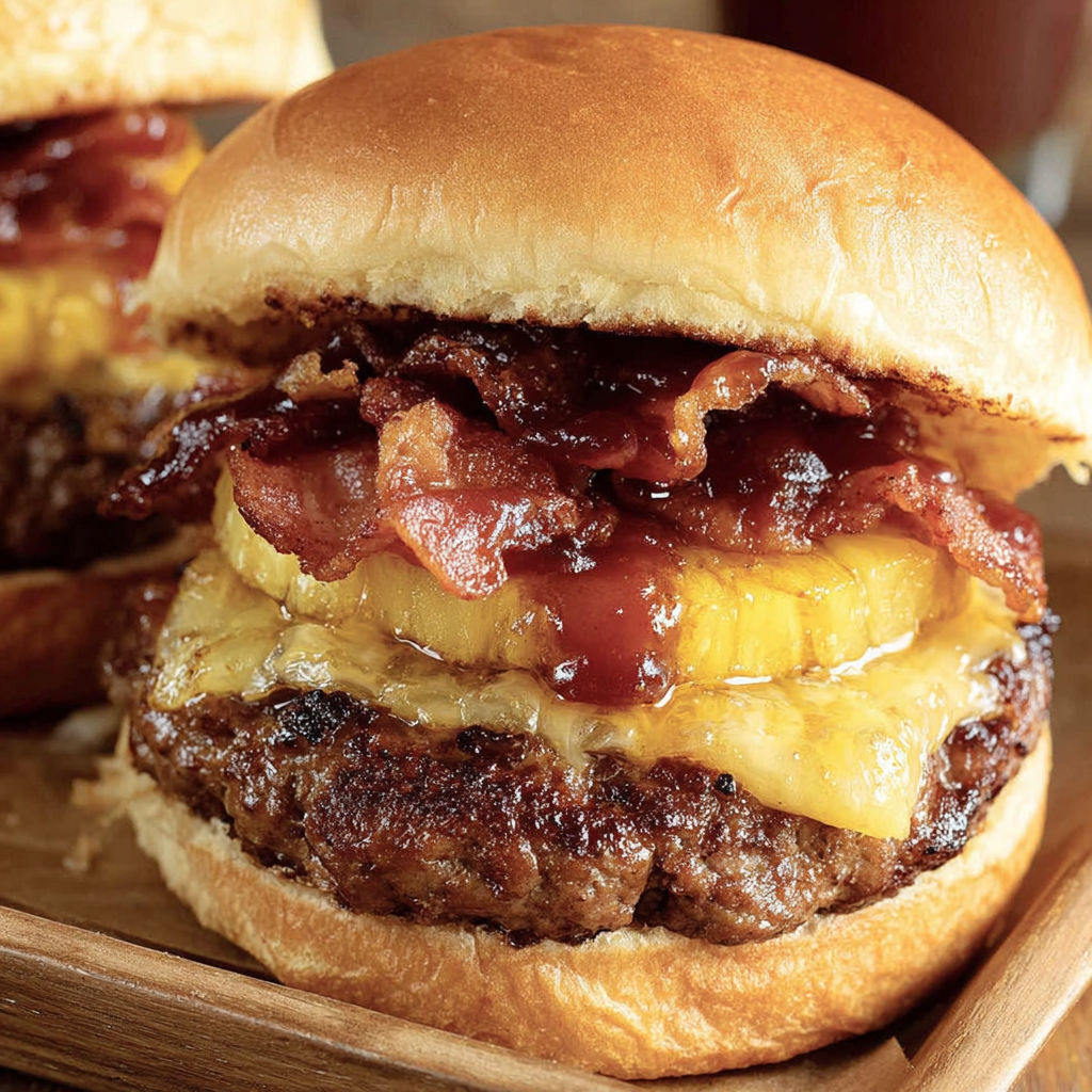 A close up of a pineapple bacon burger.