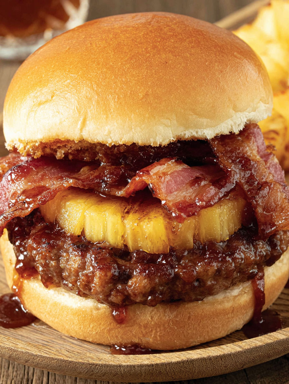 A close up of a pineapple bacon burger.