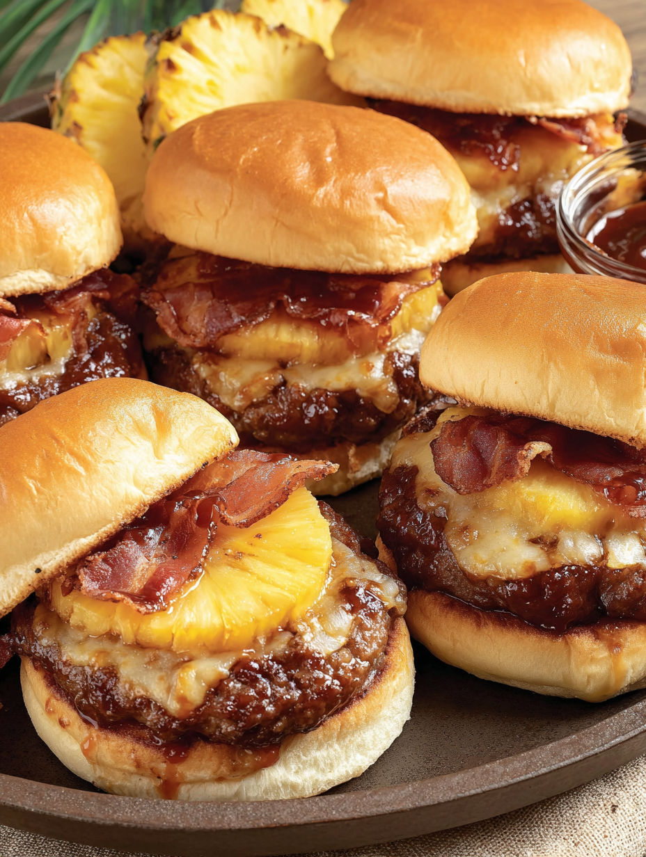 A plate of pineapple bacon burgers.