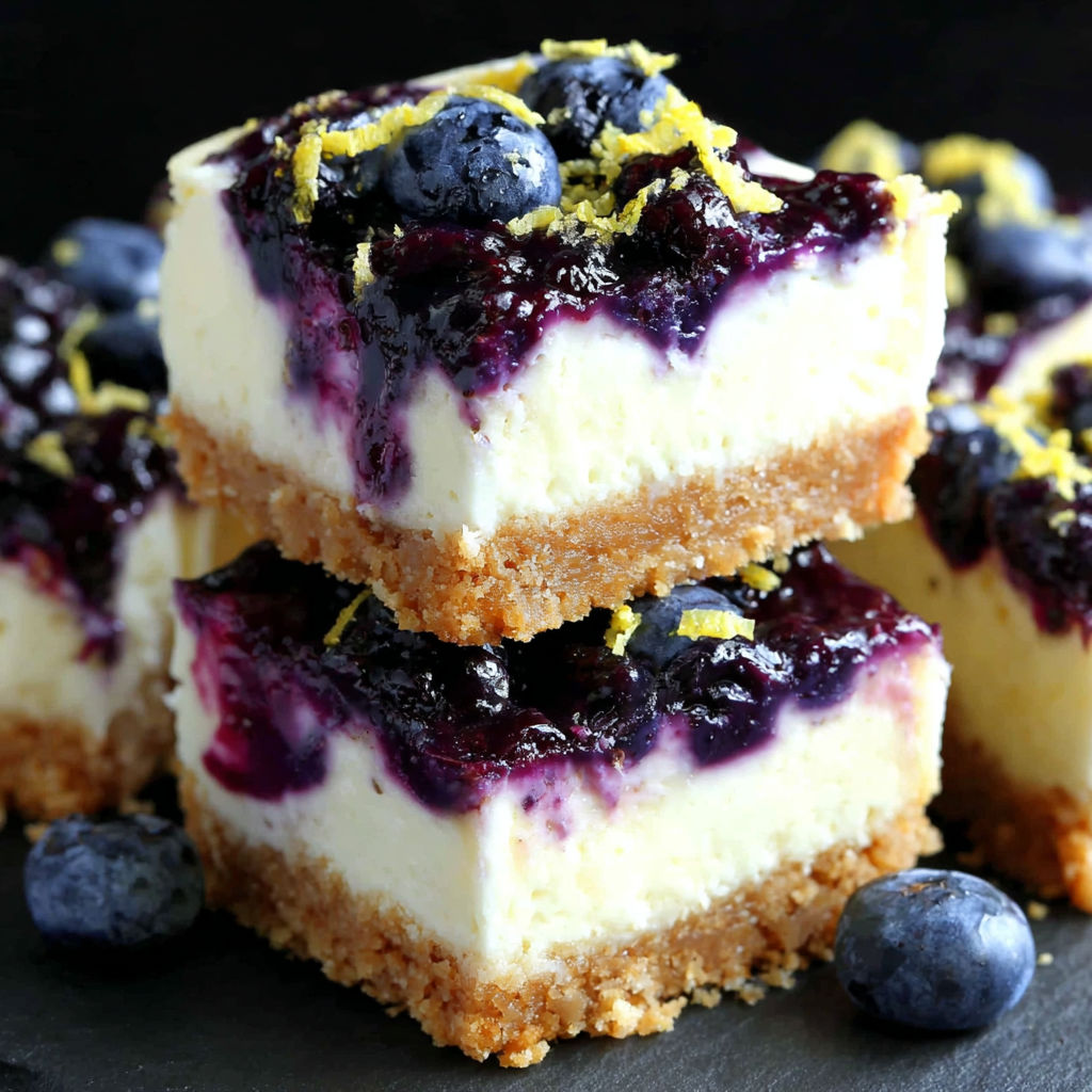 Three pieces of lemon blueberry cheesecake dessert bars.