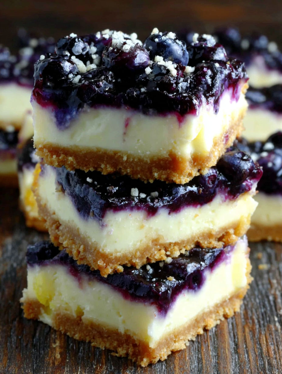 Three pieces of lemon blueberry cheesecake dessert bars.