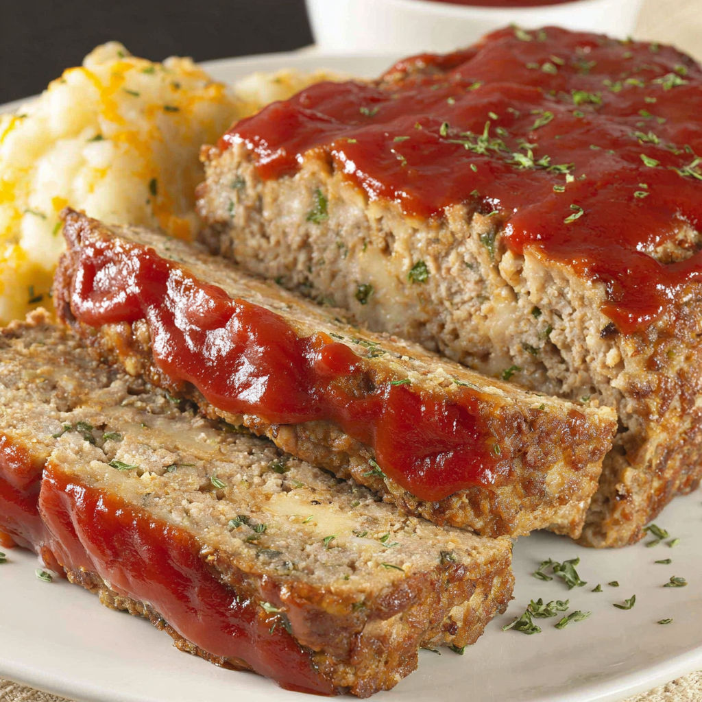 A plate of meatloaf with ketchup on it.