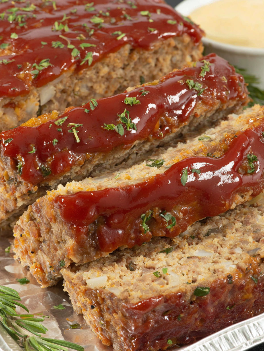 A piece of meatloaf with ketchup on top.