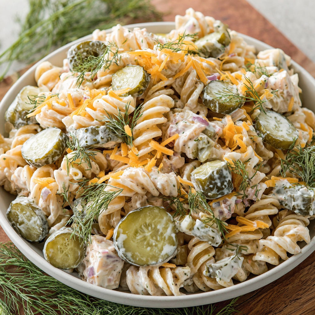 A bowl of pasta salad with pickles and cheese.