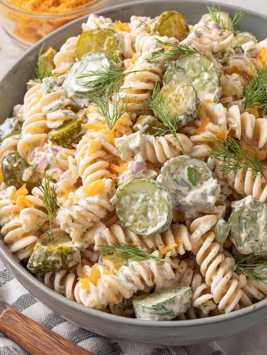 A bowl of pasta salad with dill pickles.