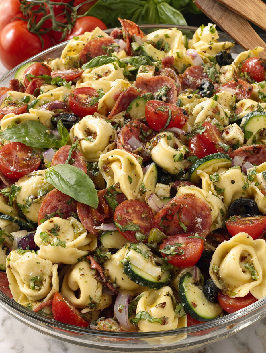 A bowl of pasta salad with tomatoes, zucchini, and basil.