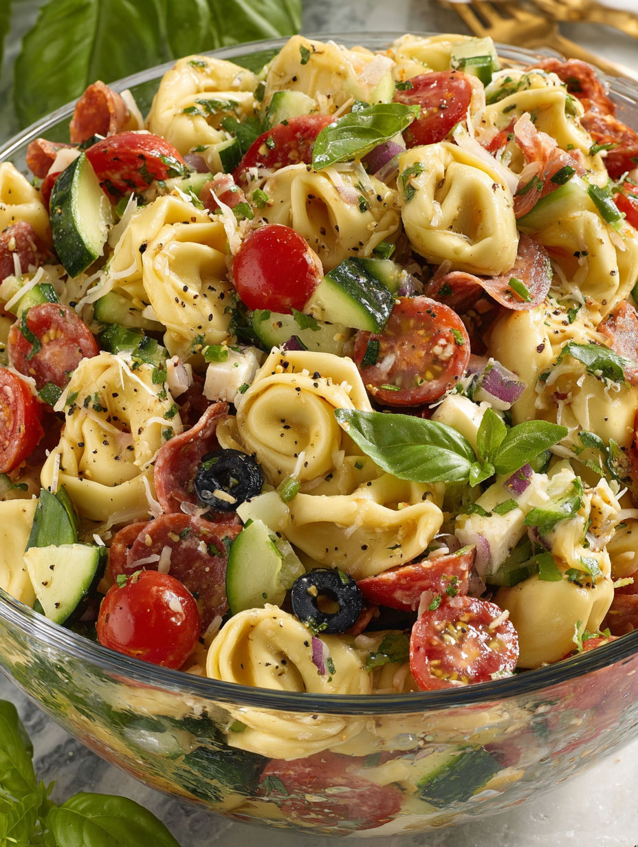 A bowl of pasta salad with tomatoes, cucumbers, and olives.