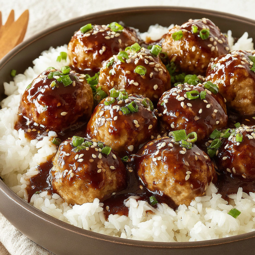 A plate of meatballs in a brown sauce.