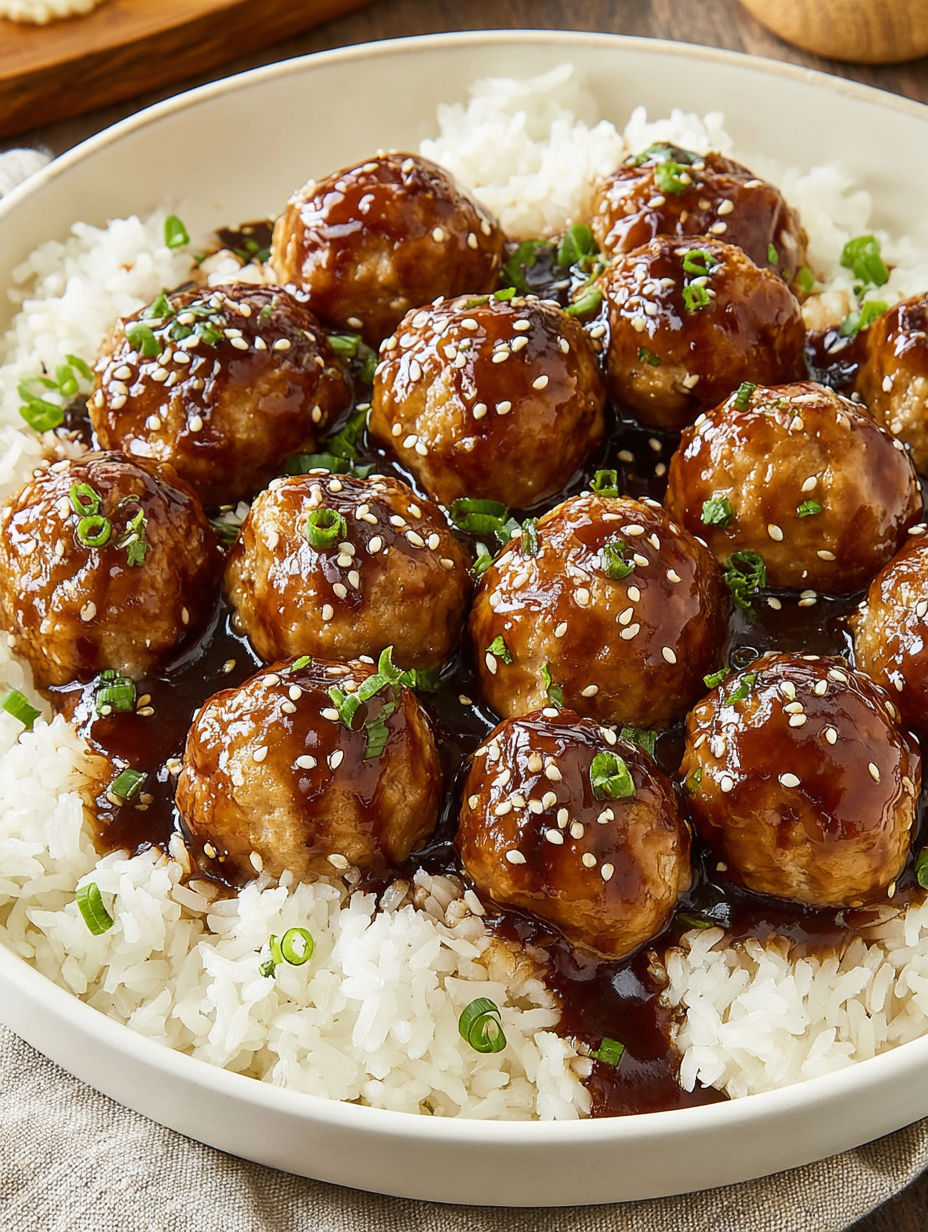 A plate of teriyaki meatballs on rice.