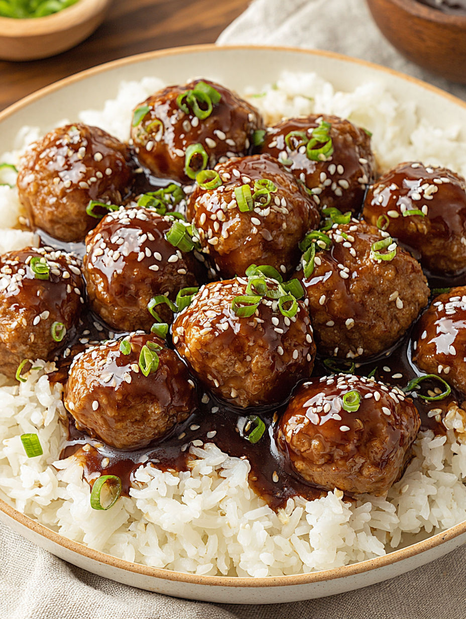 A plate of meatballs covered in a brown sauce.