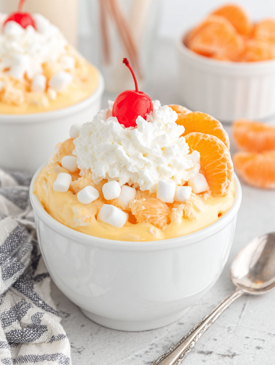 A bowl of orange and white cream with a cherry on top.