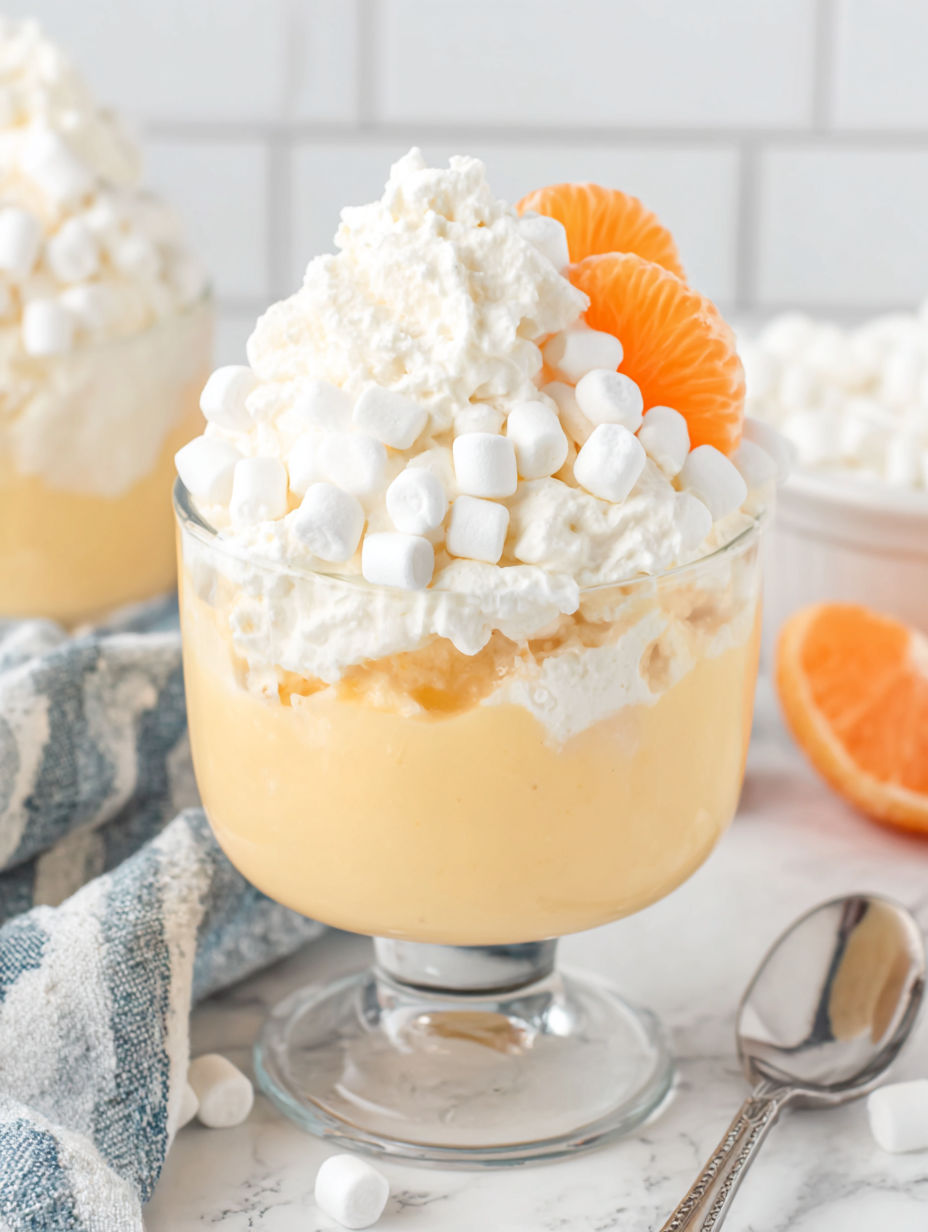 A glass of orange juice with a spoon in it.