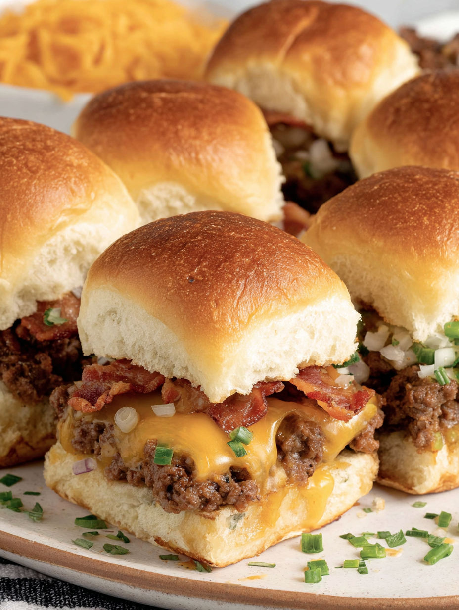A plate of cowboy sliders with bacon and cheese.
