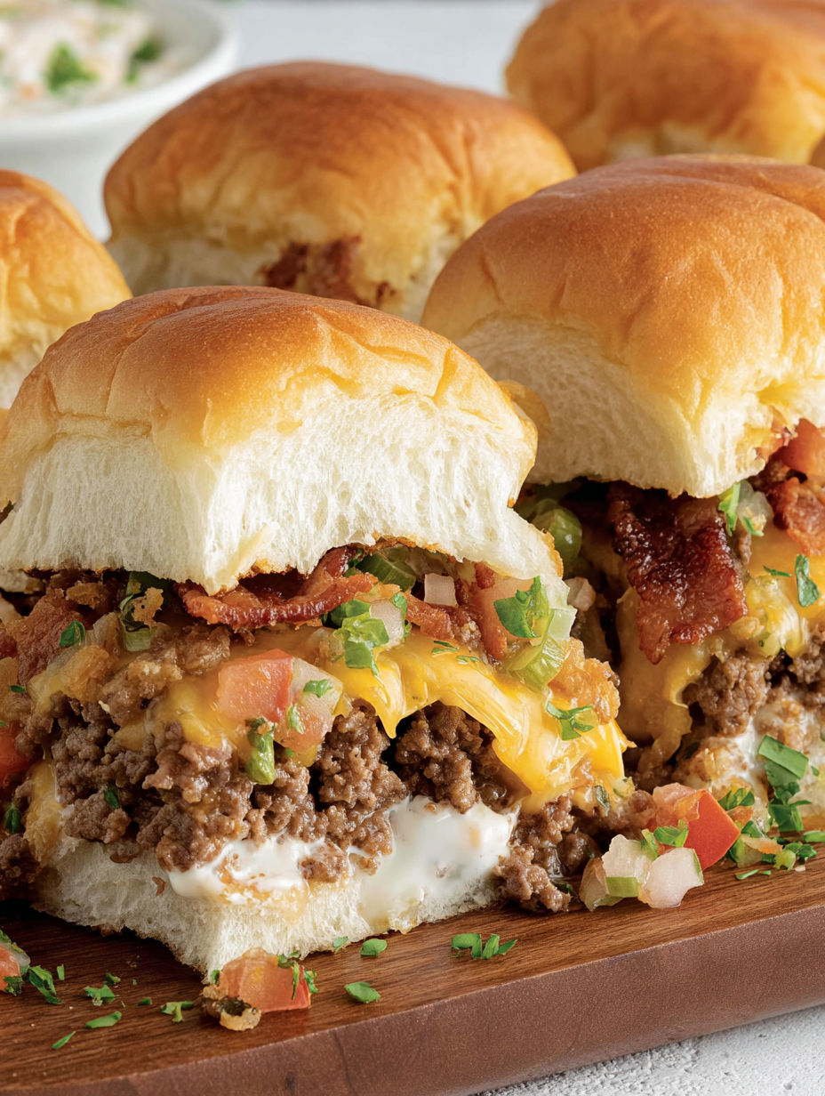 A plate of cowboy sliders with bacon and cheese.