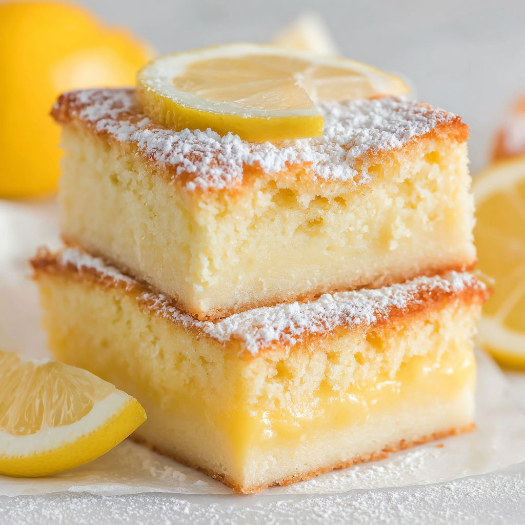 Two lemon bars with powdered sugar on top.