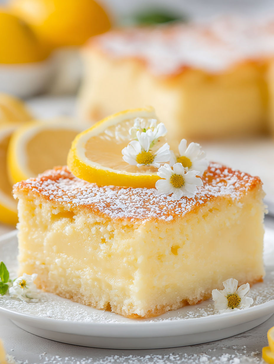 A slice of lemon bar with a lemon wedge on top.