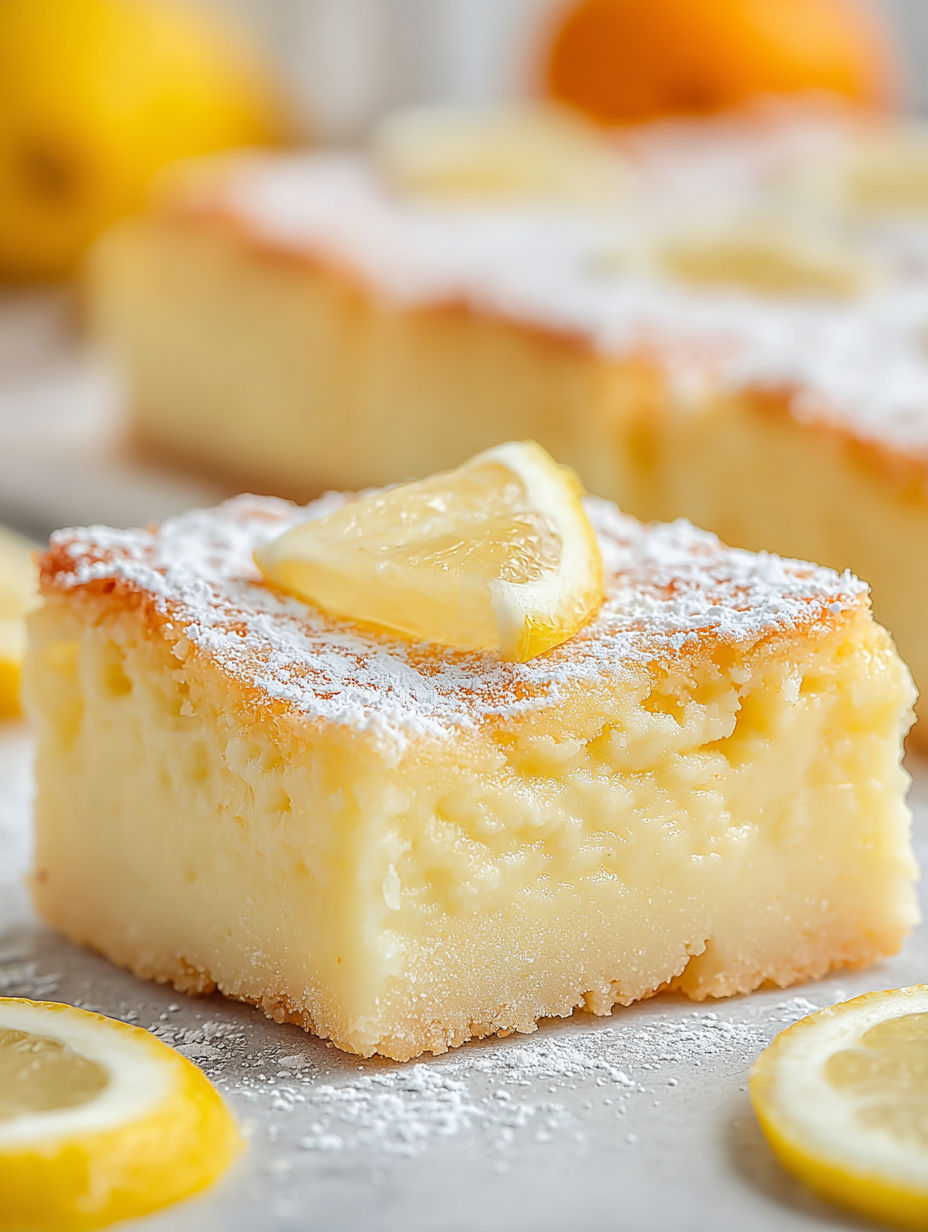 A slice of lemon bar with a lemon wedge on top.