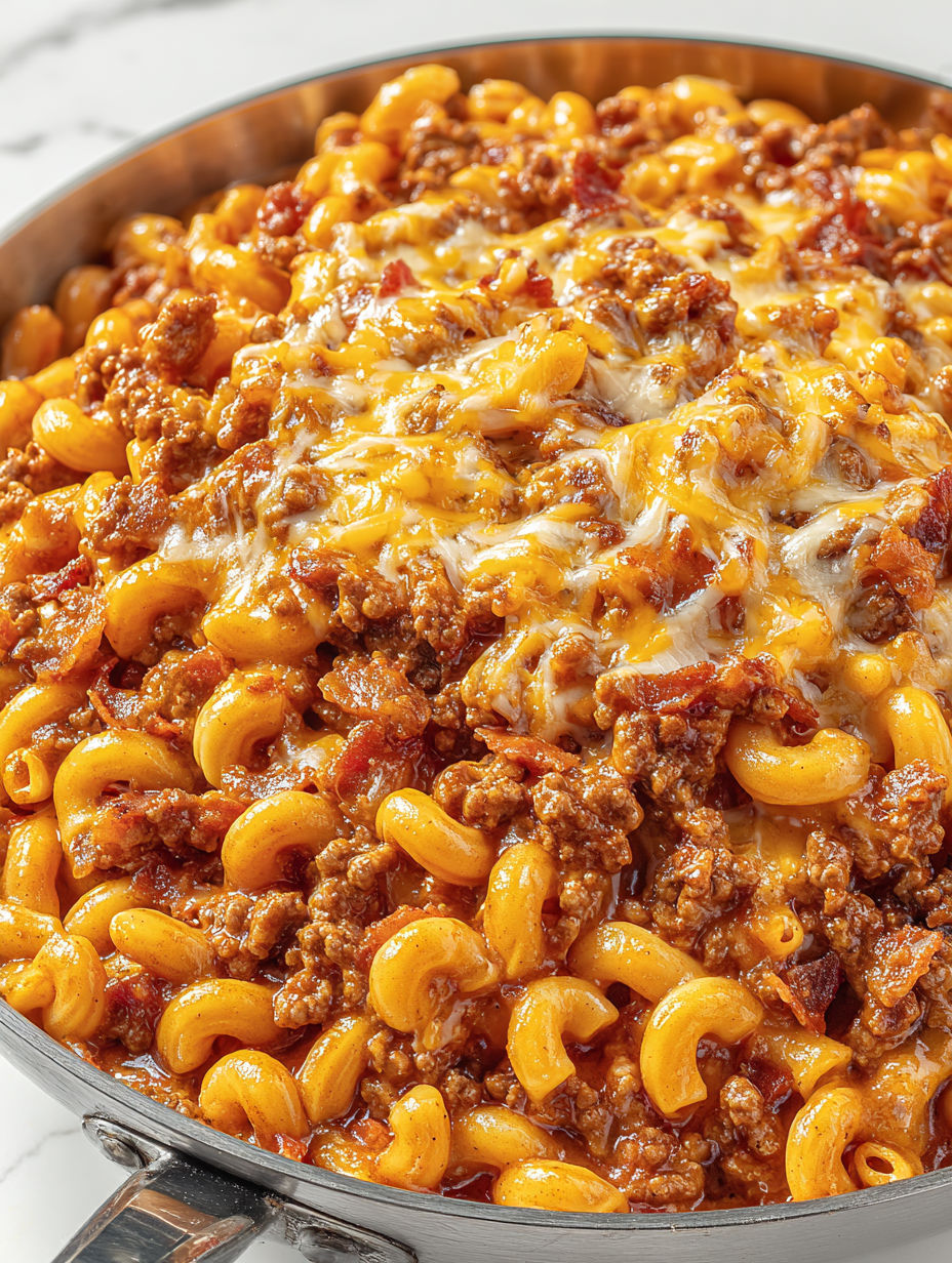 A bowl of macaroni and cheese with bacon and cheeseburger.