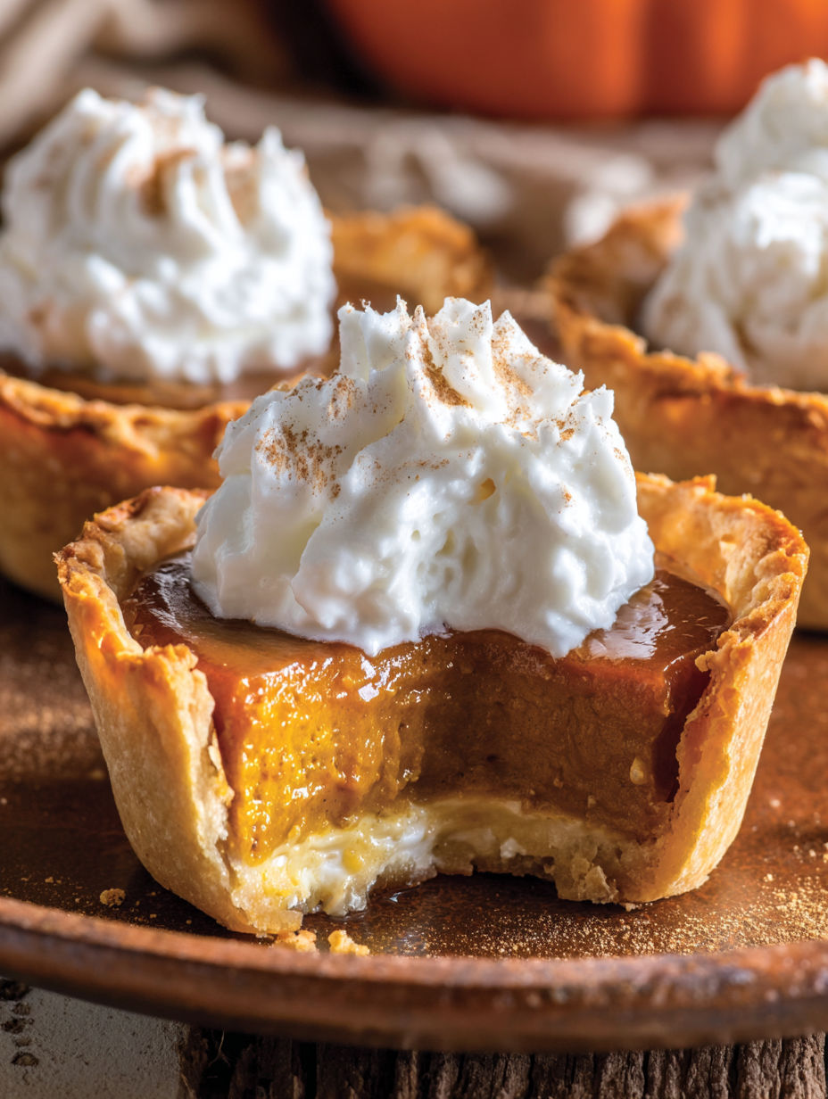 Mini pumpkin pies with whipped cream.