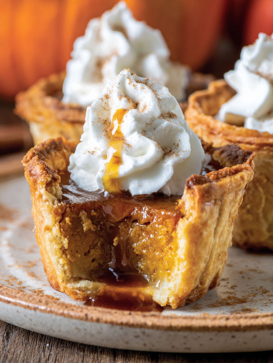 Two mini pumpkin pies with whipped cream on top.