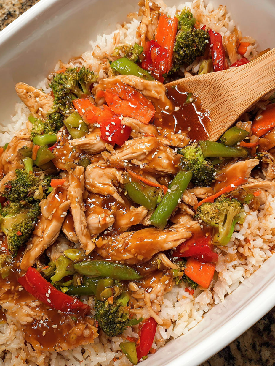 A dish of chicken and vegetables with a brown sauce.