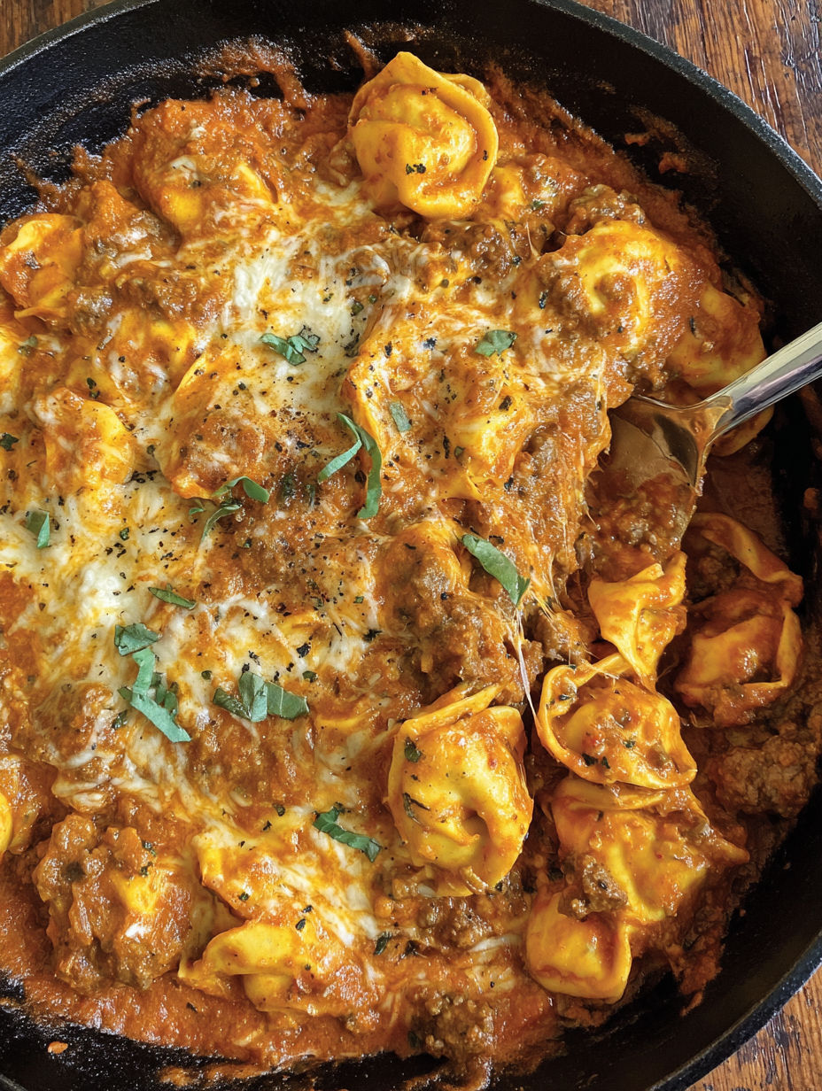 A delicious cheesy ground beef tortellini dish.