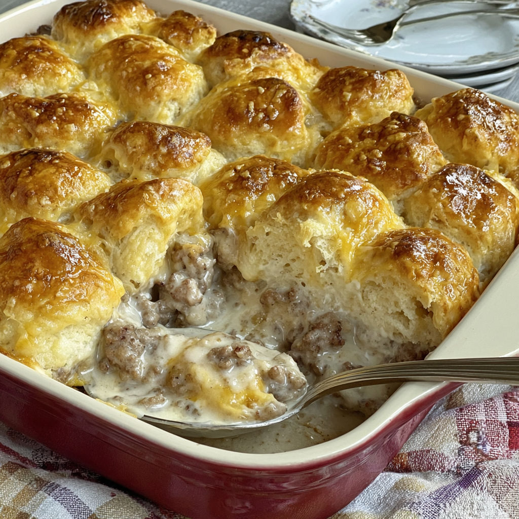A casserole with biscuits and gravy.