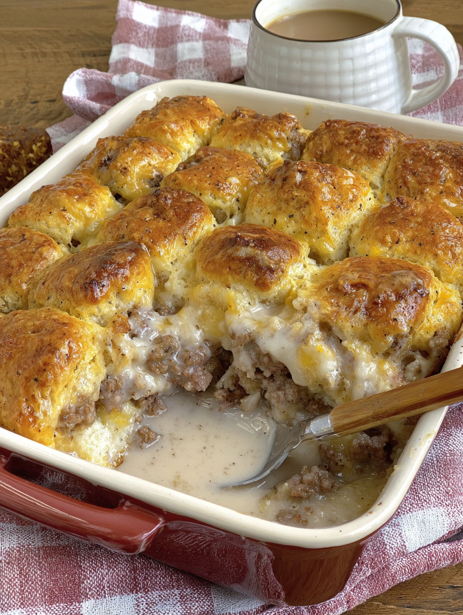 A white plate with a biscuit and gravy casserole.