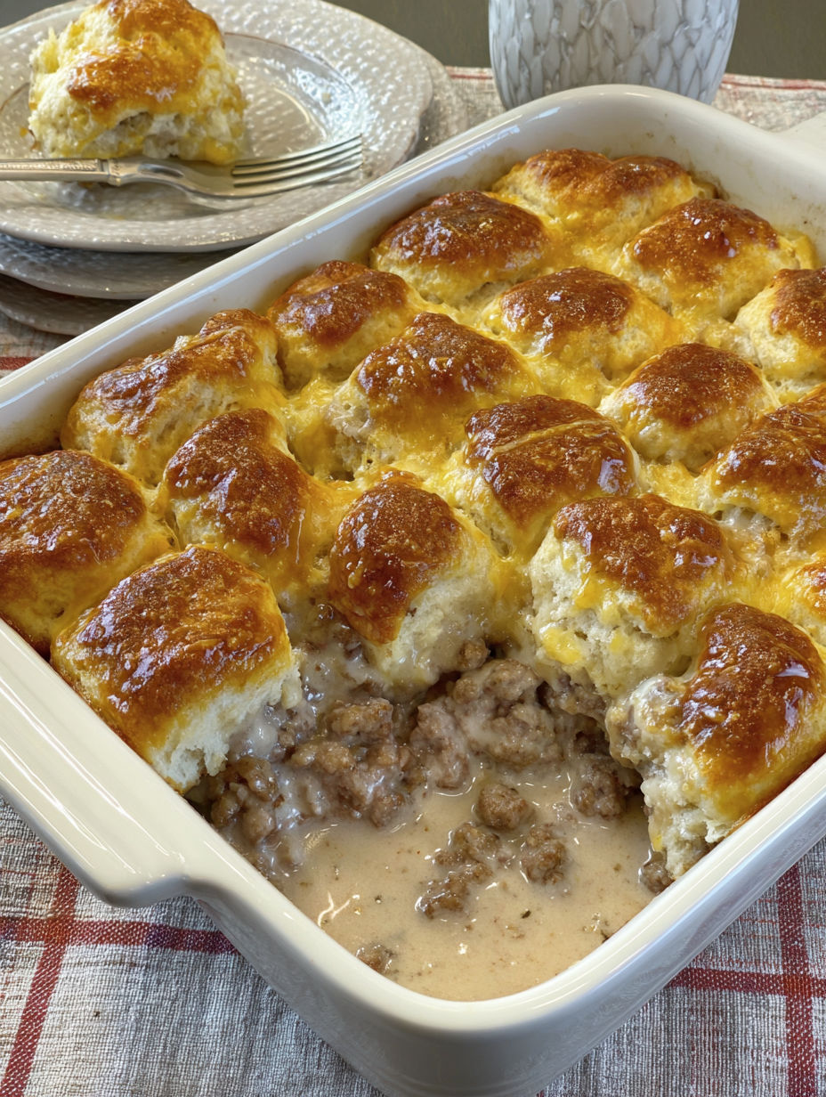 A casserole with biscuits and gravy.