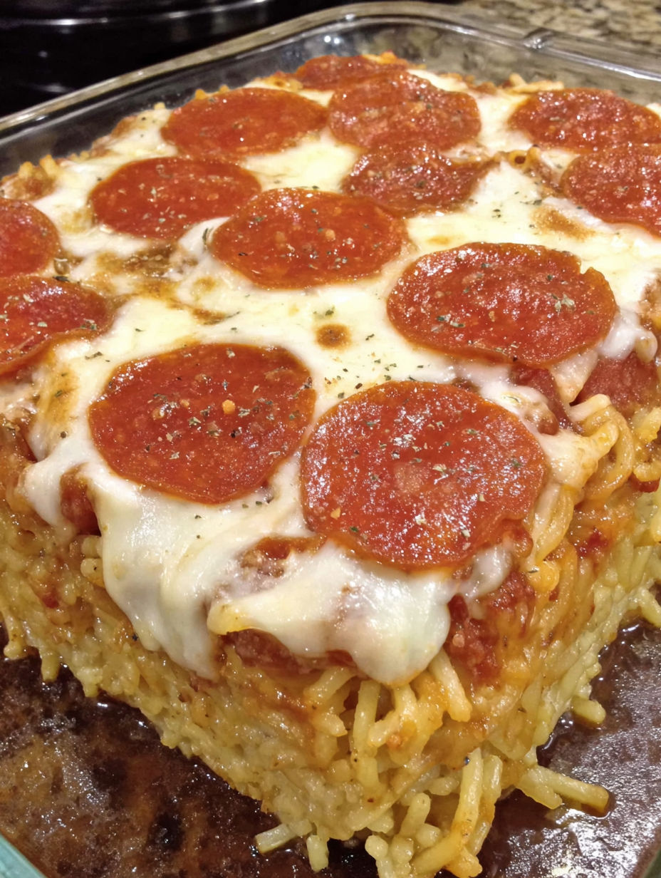 A spaghetti pizza casserole with pepperoni and cheese.