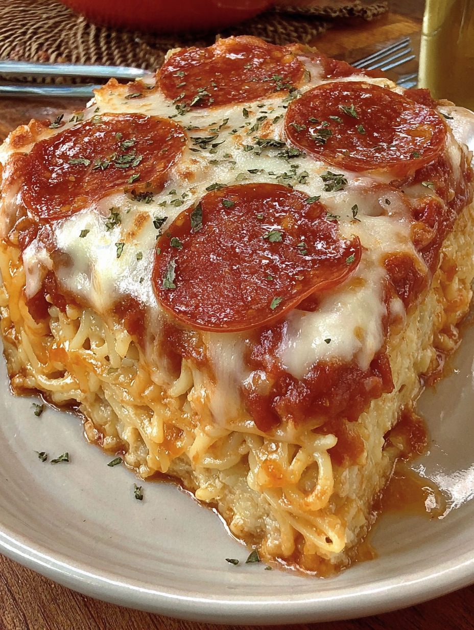 A close up of a spaghetti pizza casserole.