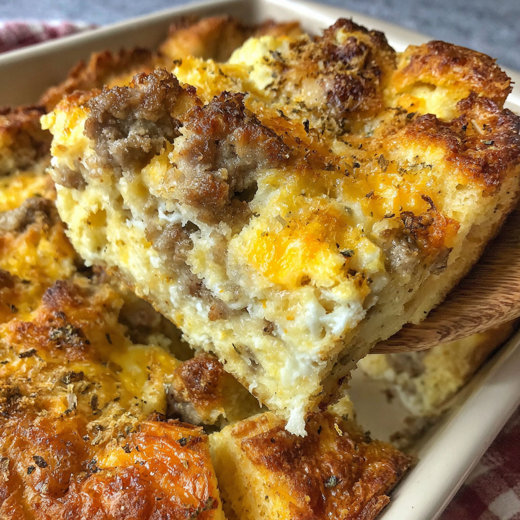 A delicious breakfast casserole in a white bowl.