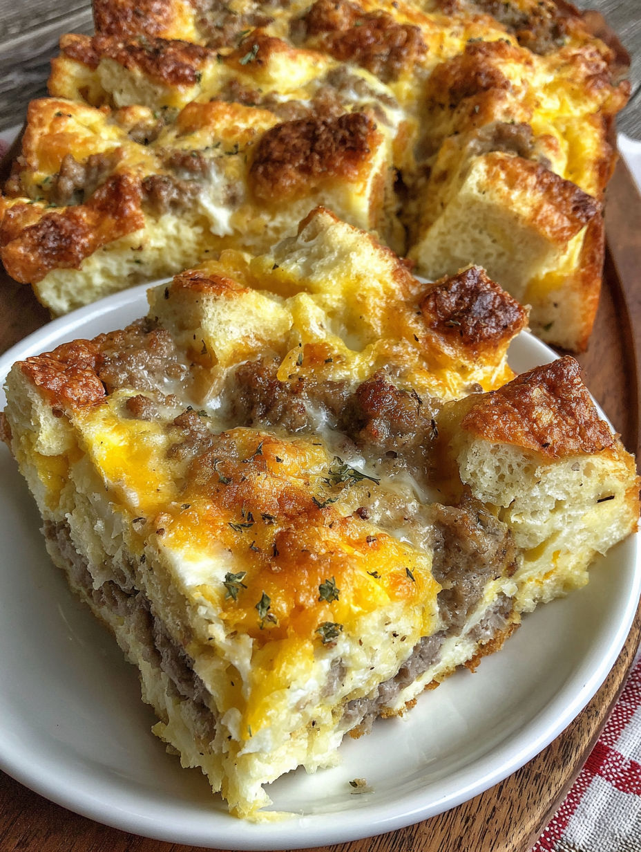 A white plate with a breakfast casserole on it.