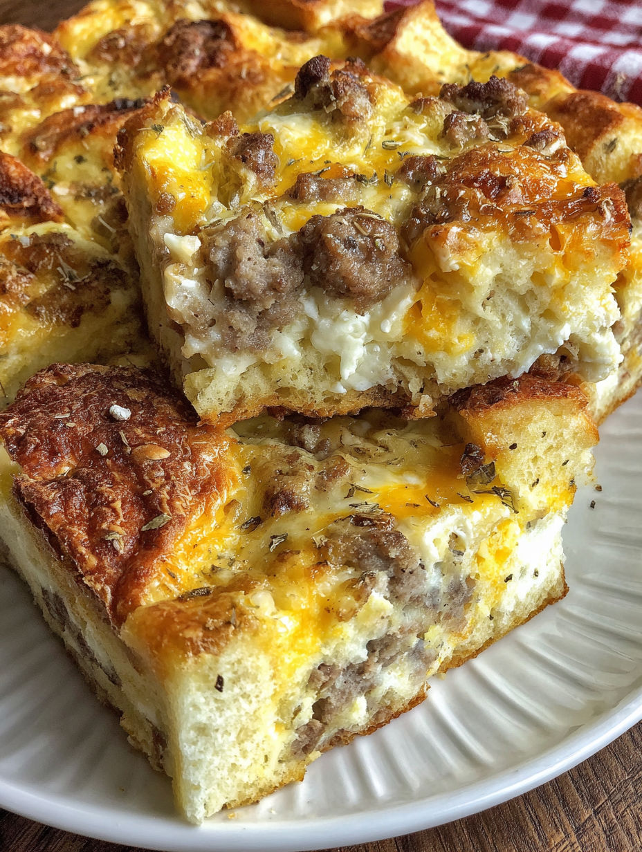 A breakfast casserole with sausage and cheese.