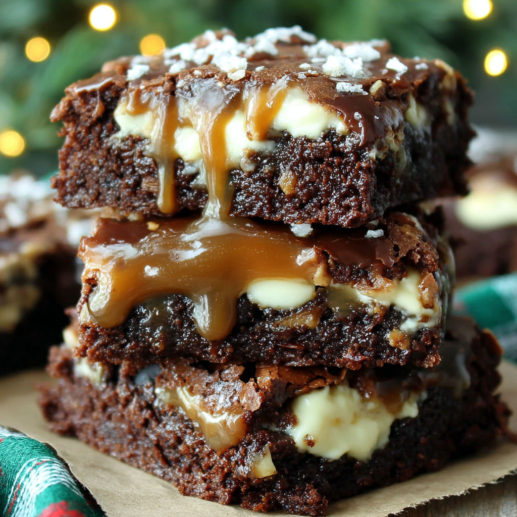 Three stacked brownies with caramel drizzle.