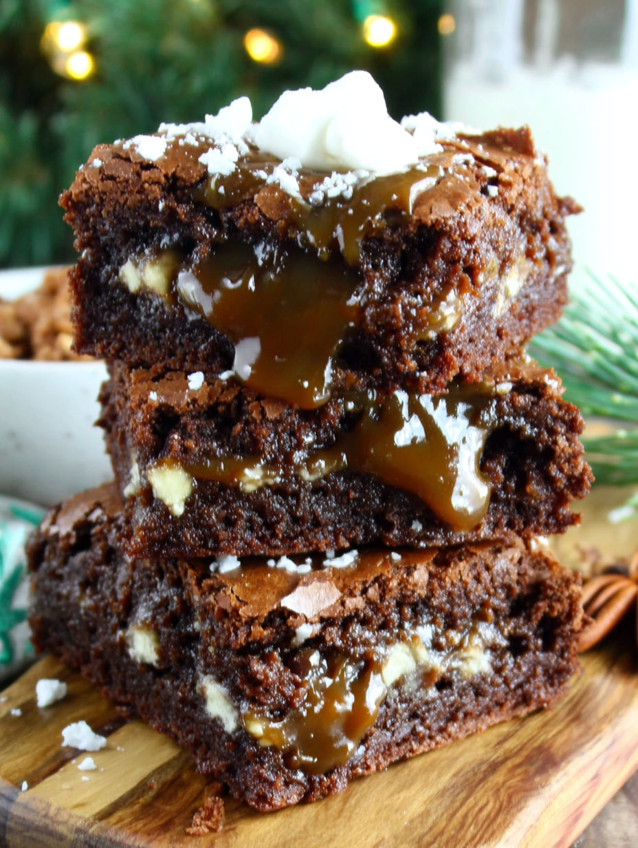 Three stacked brownies with caramel drizzle.