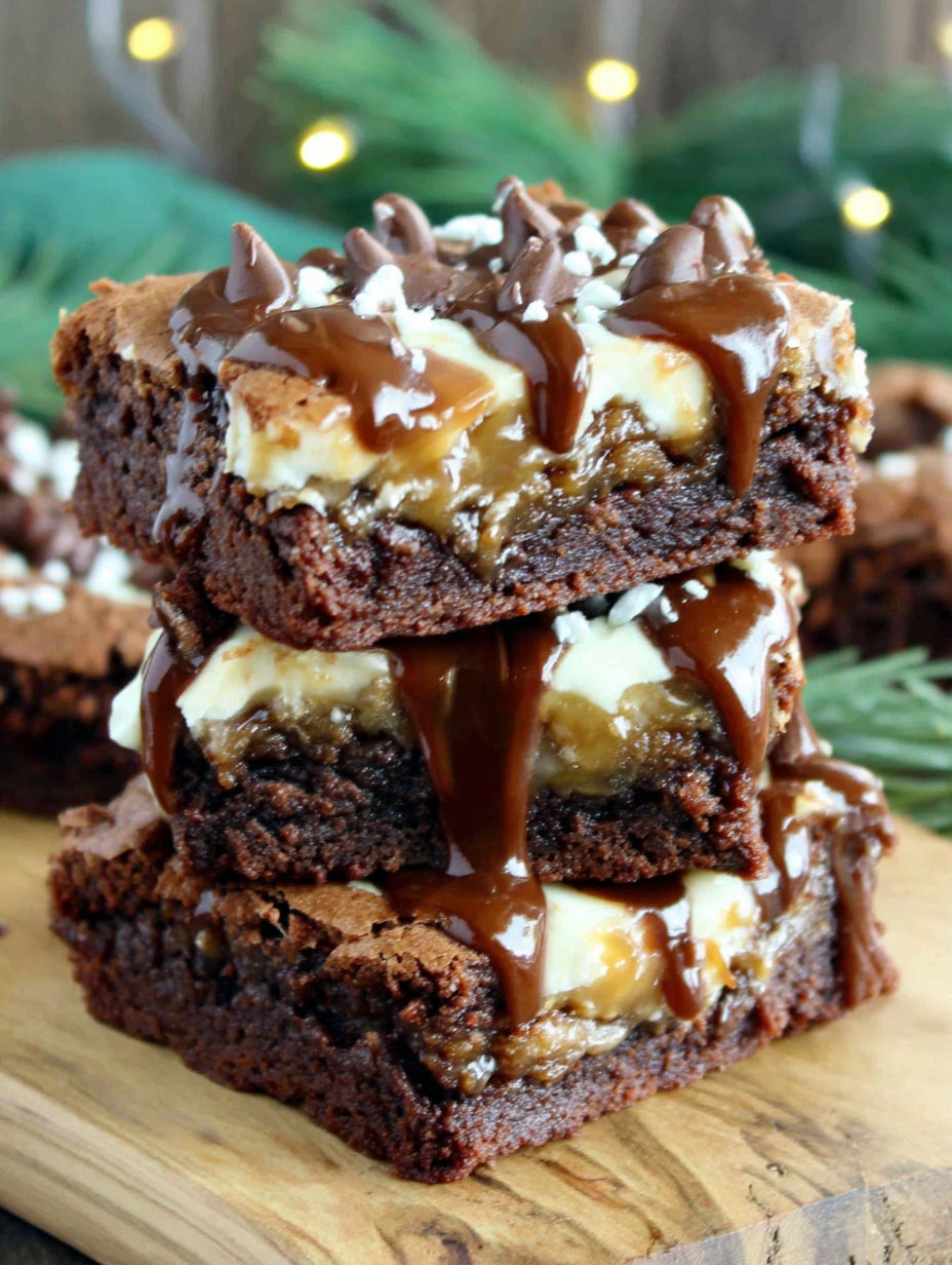 Three stacked brownies with caramel drizzle.