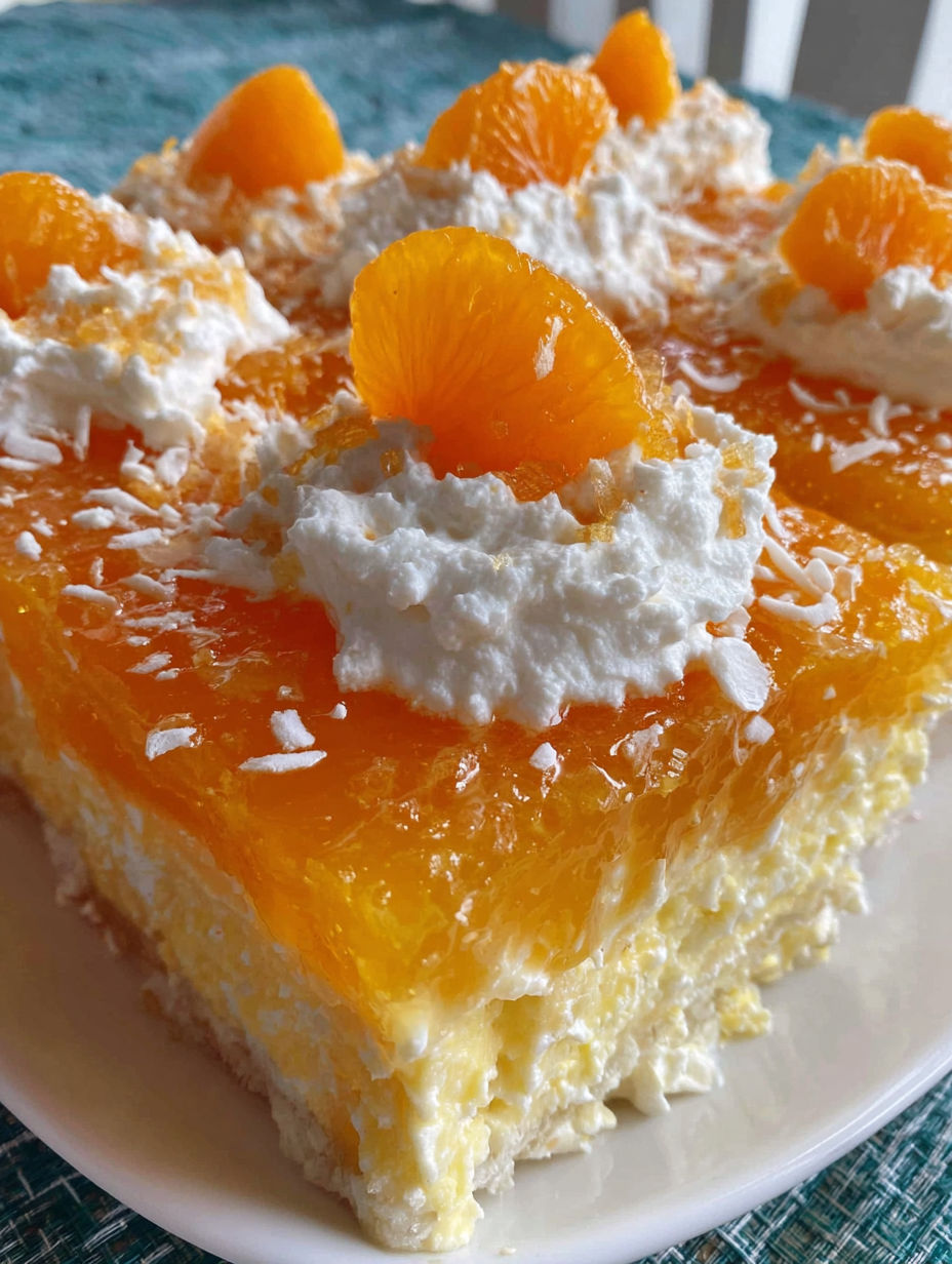 A slice of orange jello salad with white whipped cream on top.