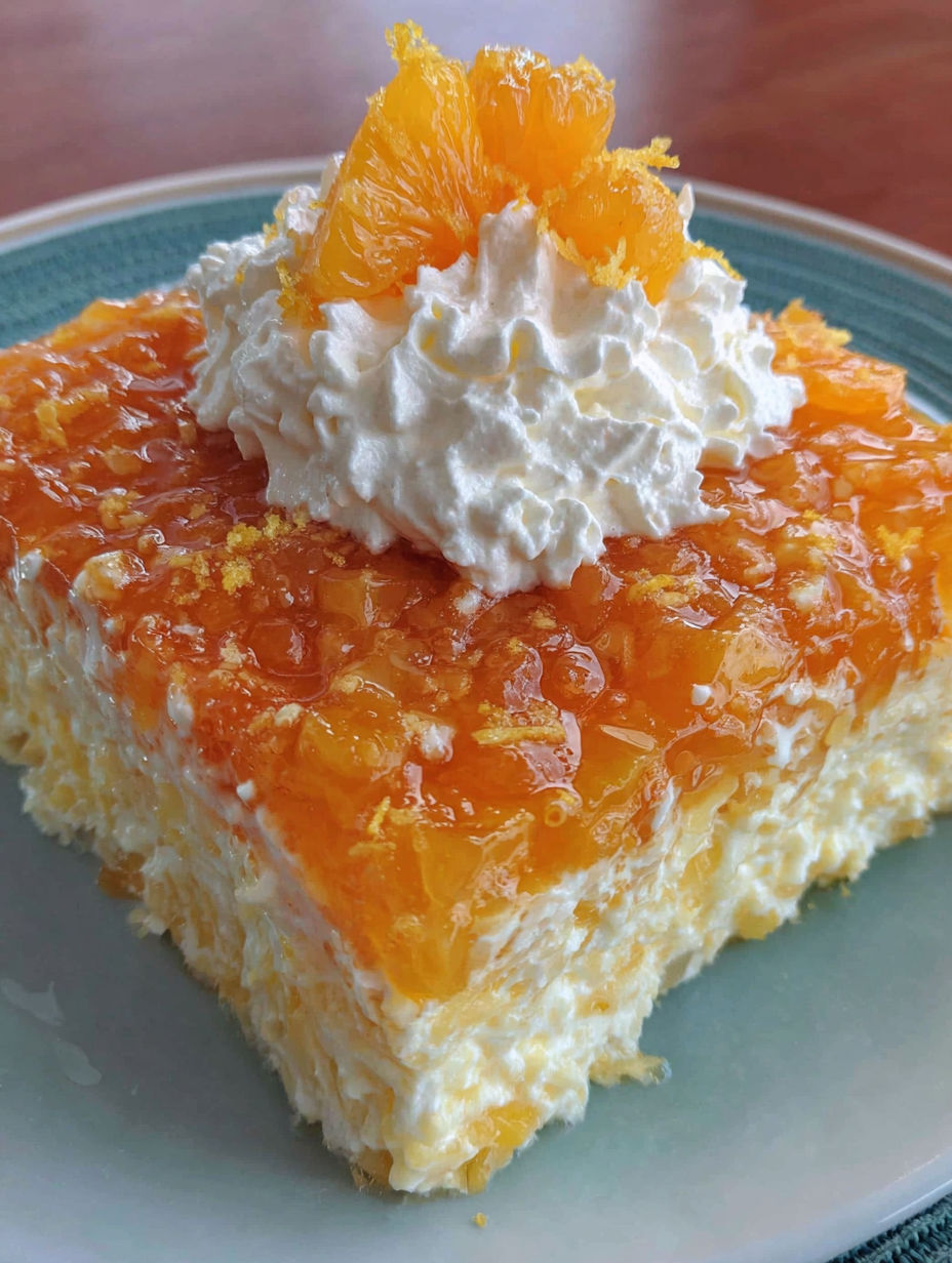 A slice of orange jello salad with whipped cream on top.
