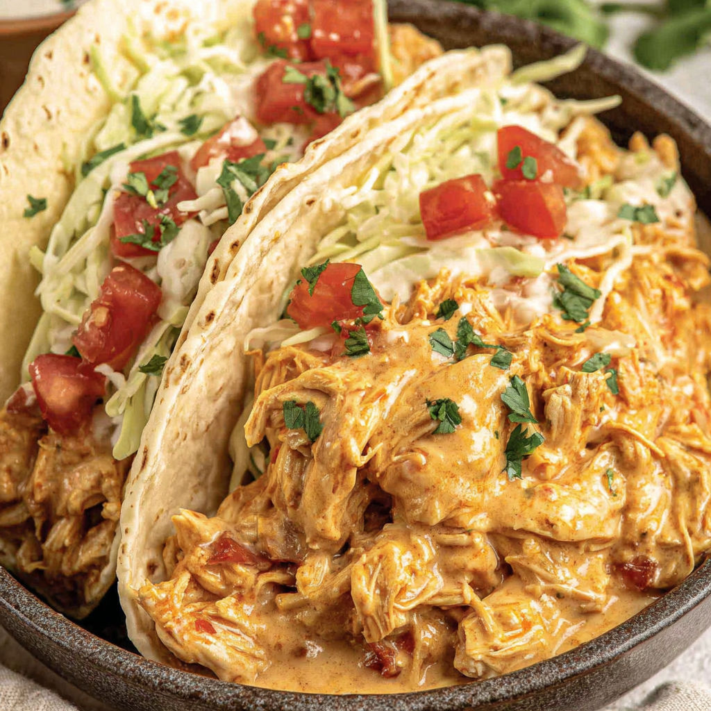 A bowl of slow cooker queso chicken tacos.