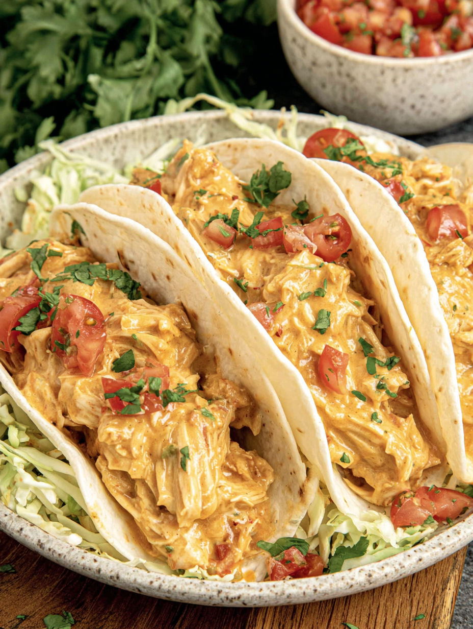 A bowl of slow cooker queso chicken tacos.