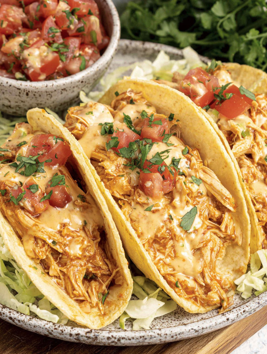 Two tacos with chicken and cheese.