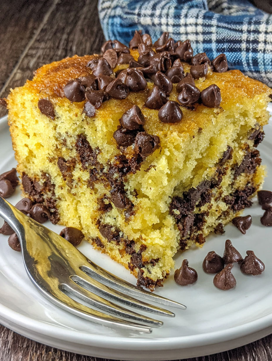 A piece of chocolate chip cake on a plate.