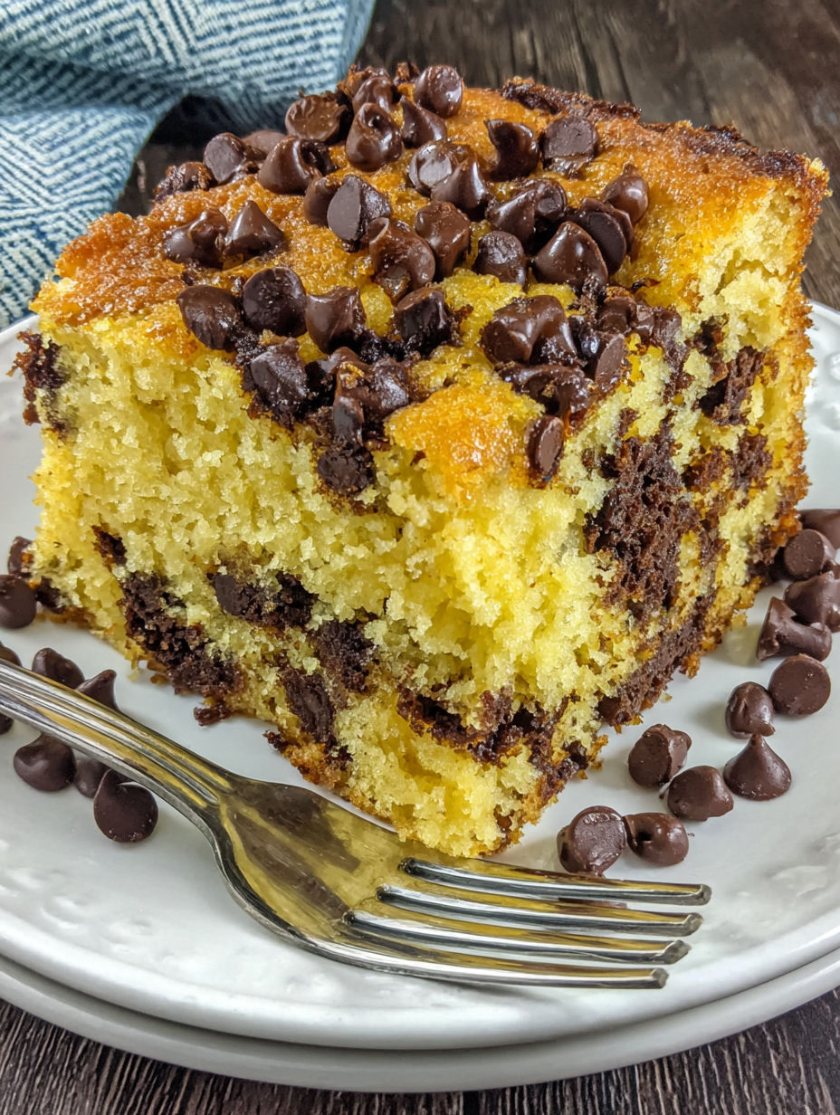 A piece of chocolate chip cake on a plate.