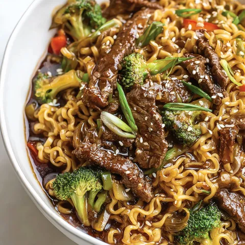 A bowl of beef ramen stir fry with broccoli and noodles.