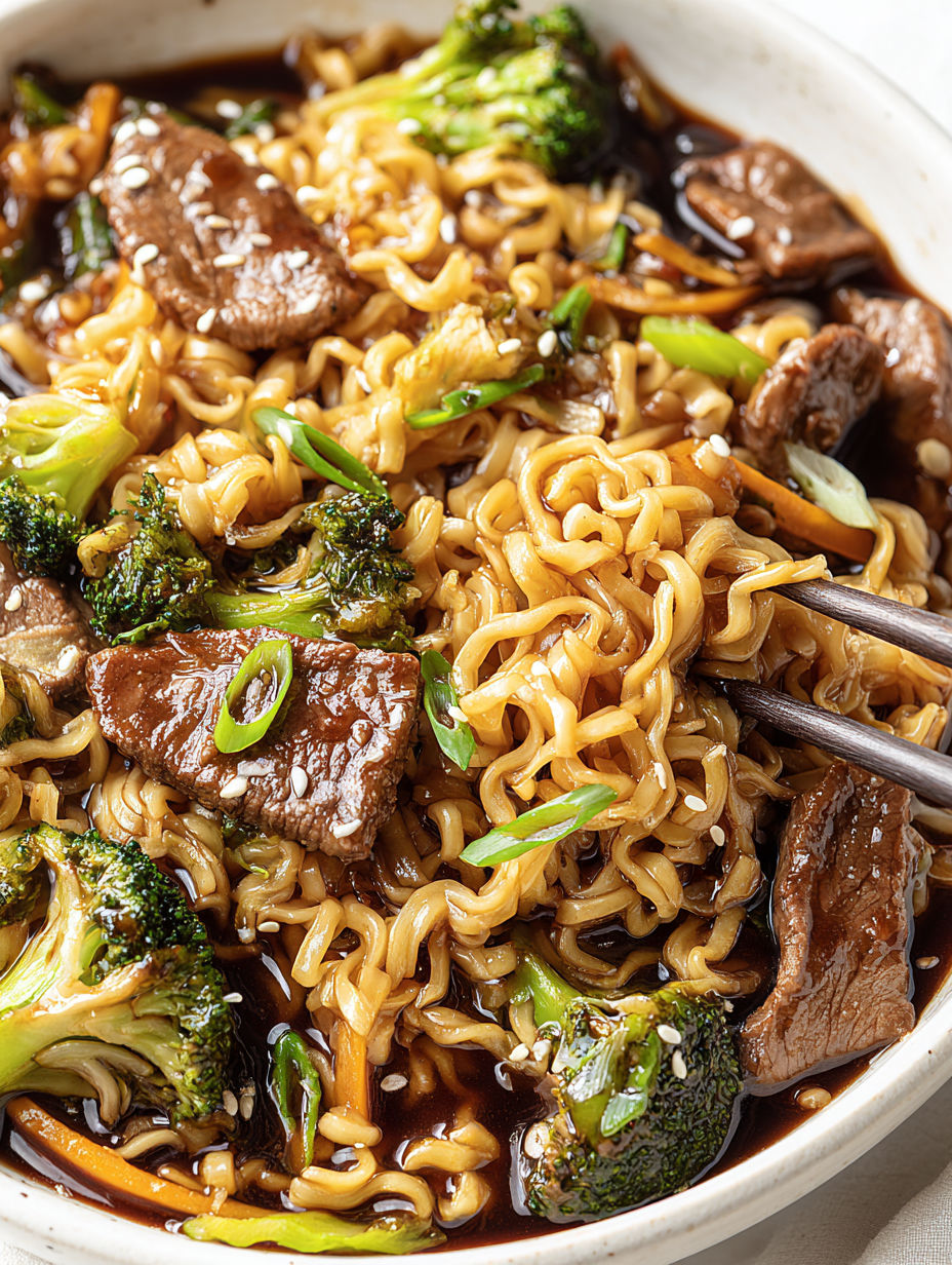 A bowl of beef ramen stir fry with noodles, broccoli, and meat.